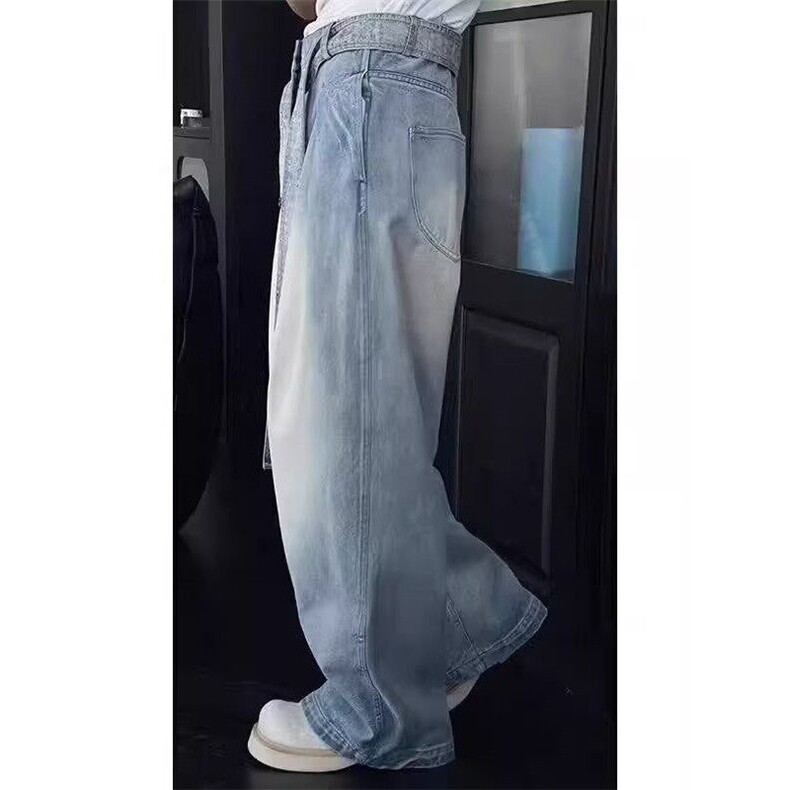 蓝色水洗渐变设计感腰带牛仔裤男款风穿搭裤子直筒阔腿长裤N408,男装牛仔裤,星座1116A（原606A-3）