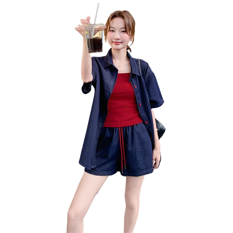 休闲时尚牛仔衬衫短裤套装女夏2025新款大方得体穿搭三件套巨好看,女装套装/套裙,2D044