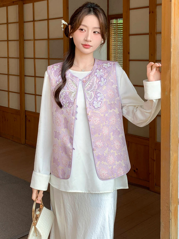 2026春季新款新中式g风提花刺绣设计感百搭无袖马甲,女装马甲,超帛