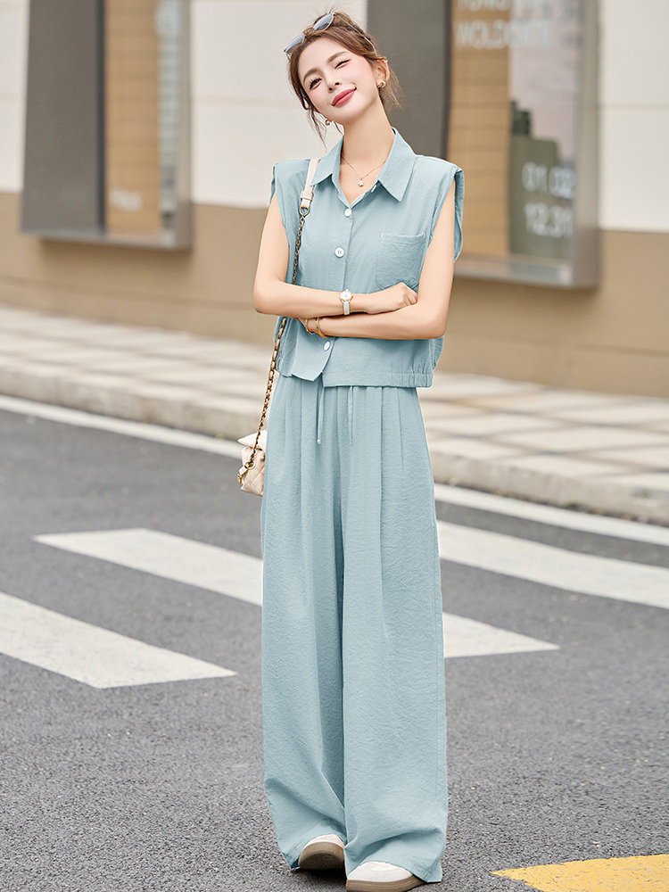 夏日漂亮小套装女2025夏季新款超火减龄黄色穿搭马甲阔腿裤两件套,女装套装/套裙,罗腾
