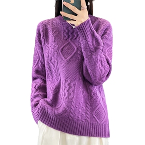 澳毛重磅绞花女士羊毛衫圆领纯色时尚图片
