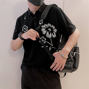 8973/P58控78夏季小伙轻熟风时尚翻领印花短袖男黑首1图片