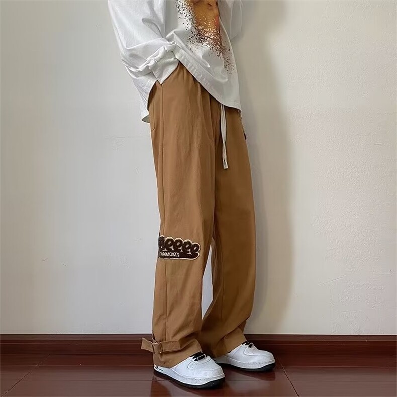 美式复古vintage裤男ins潮牌毛巾绣垂感直筒裤胖子大码阔腿长裤子,男装休闲裤,四季星座218-1