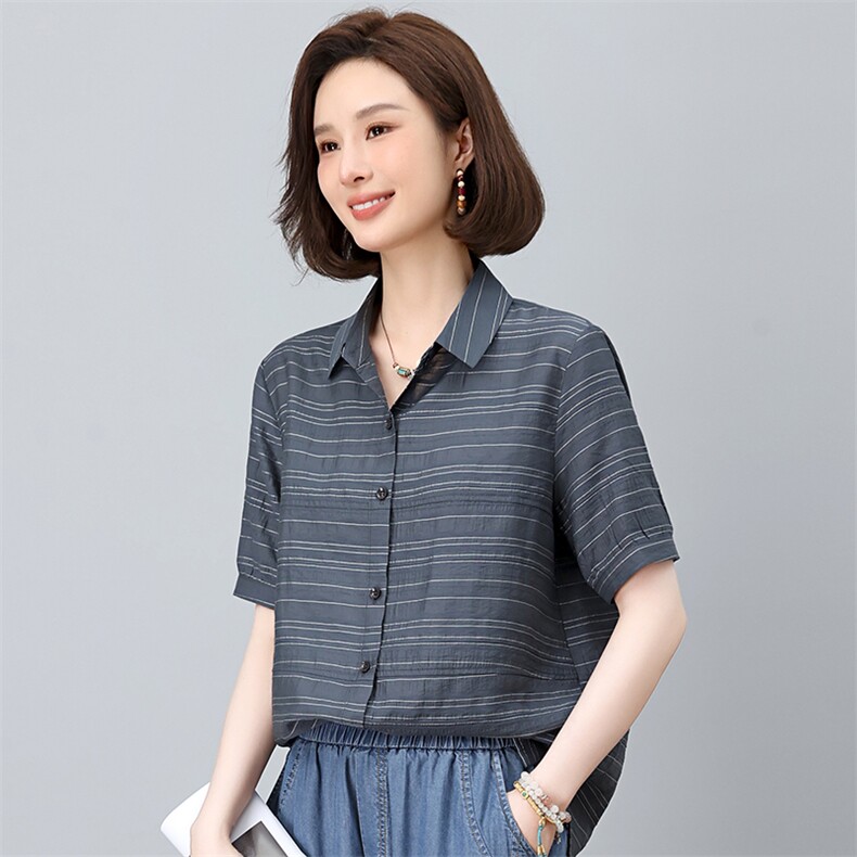 2025夏季新款时尚气质宽松显瘦休闲舒适潮流条纹上衣,女装衬衫,独衣靓