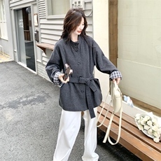 复古格纹拼接灰色毛呢大衣外套女秋冬2025新款收腰显瘦爆款巨好看，女装毛呢外套，2C259