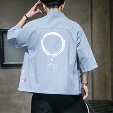 F868P45室内风2024春夏装新款风百搭休闲印花七分袖汉服外套，男装T恤，电商A026