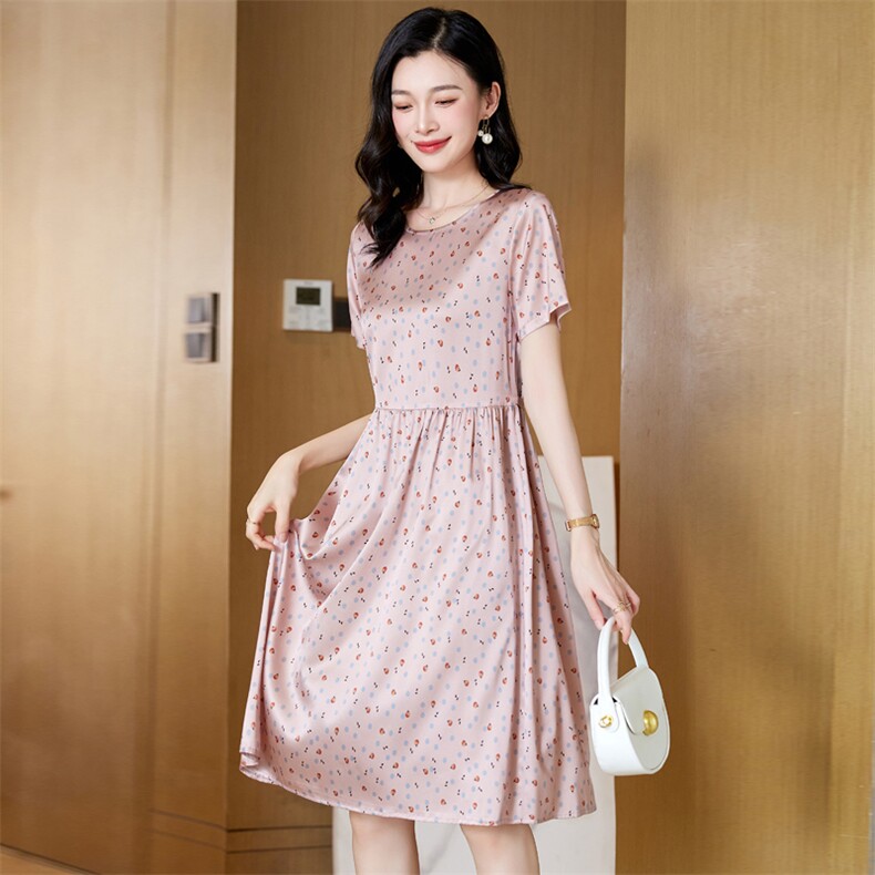 杭州真丝连衣裙女2025夏季新款高端桑蚕丝中年妈妈装圆点收腰裙子,女装连衣裙,阿舍尔精品