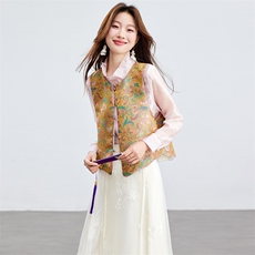在仓~春夏薄款人丝衬衫马甲两件套宽松纽扣双面穿宋锦提花套装，女装套装/套裙，新依时派