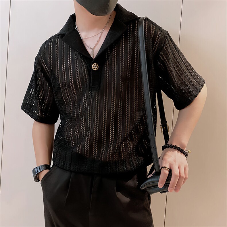 8951/P48控68夏季小伙痞帅镂空薄款V领透气t恤短袖男款上衣黑首3,男装T恤,星座305B