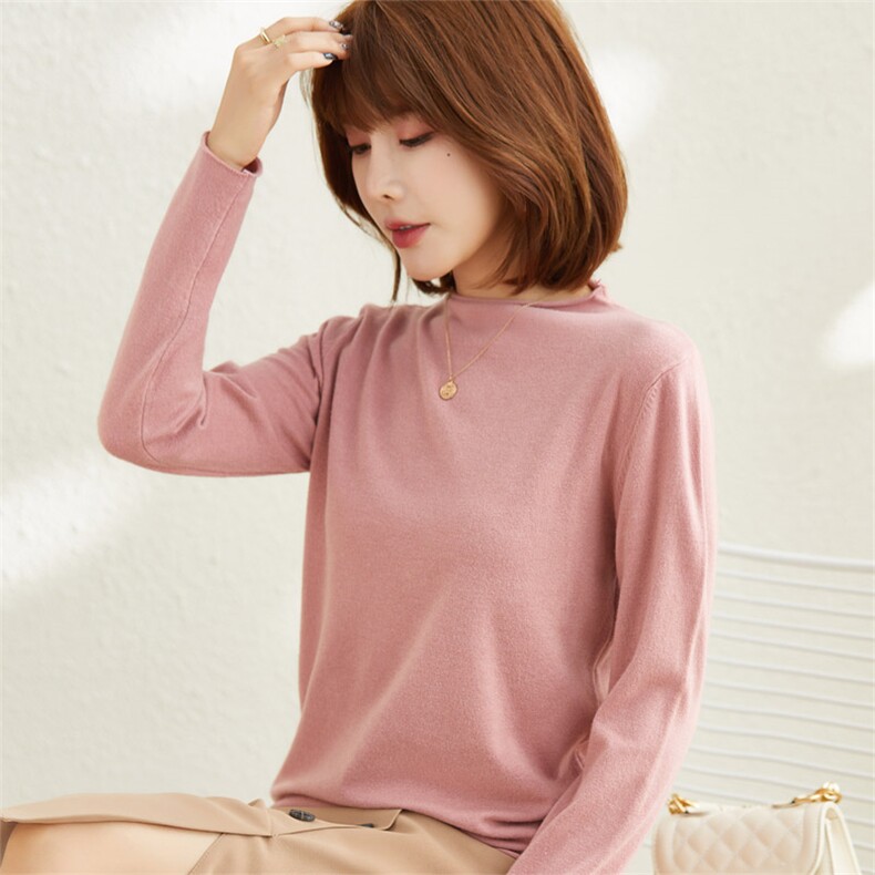 卷边半高领针织衫女短款半高领打底衫2024年新款春秋装内搭，女装针织衫/毛衣，春韵羊绒