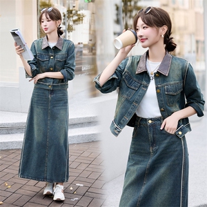 潮牌复古时尚牛仔套装女2024春秋新款洋气炸街短外套阔腿裤两件套图片