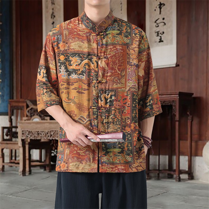 男士衬衫五分袖衬衣中袖印花立领唐装风XZ1512-2605-P45,男装T恤,星座1512