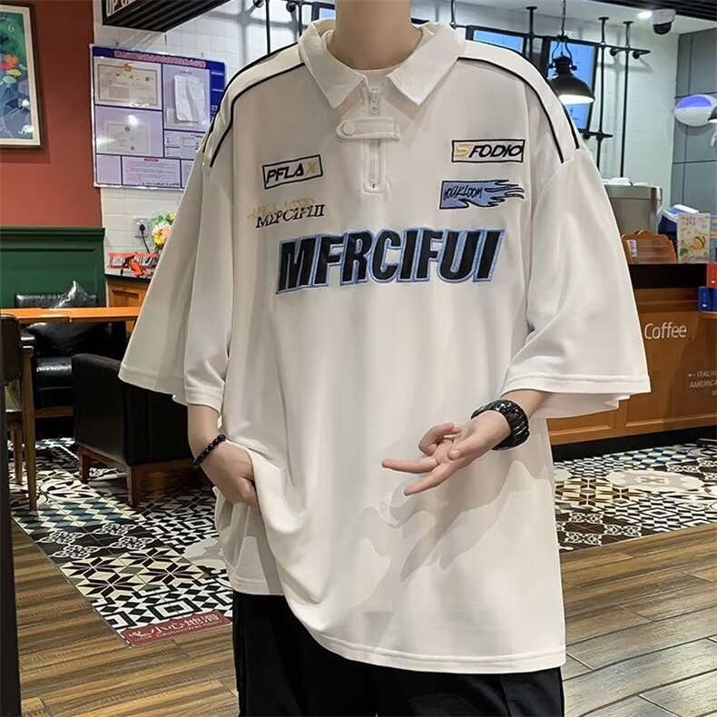 美式棒球领短袖T恤男潮牌宽松高街袖polo衫1001-1-PL017-P35，男装Polo衫，星座1001-1