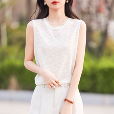 夏季新款精纺细支竹节麻女圆领针织衫宽松短款无袖背心薄款打底衫，女装针织衫/毛衣，鹿一羊绒