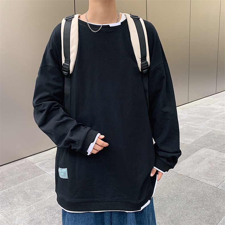 A101-P38港风假两件卫衣男士大码宽松长袖t恤潮男装图片