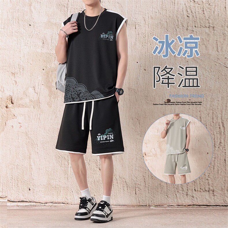 无袖背心男短袖T恤套装大码五分短裤两件套217-2-TZ07-特P50,男装休闲套装,星座217-2