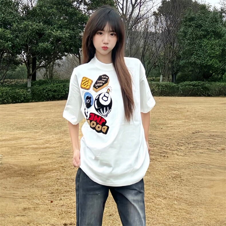 万针全刺绣工艺得物抖音高品质260克纯棉双纱美式高街短袖T恤P33,男装T恤,电商A486-1