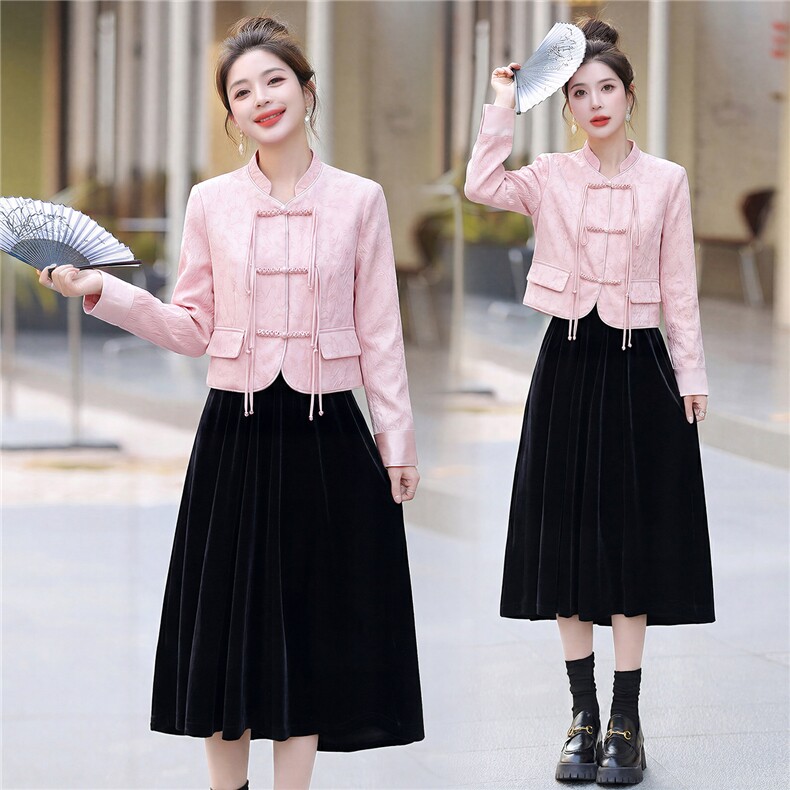 现货新款春秋装复古新中式盘扣外套连衣裙女装气质可组合套装裙，女装套装/套裙，韩美纤衣