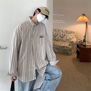 2025秋装条纹衬衫男装长袖港风休闲潮牌宽松衬衣外套CS713P45控59图片