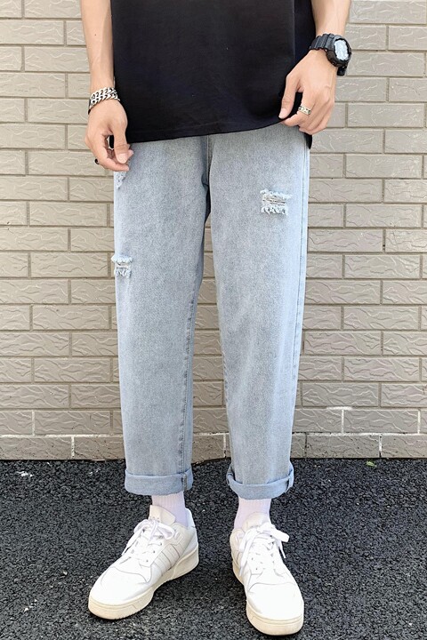 主推差价夏季宽松阔腿破洞牛仔裤男港风潮流休闲宽松直筒,男装牛仔裤,星座1008