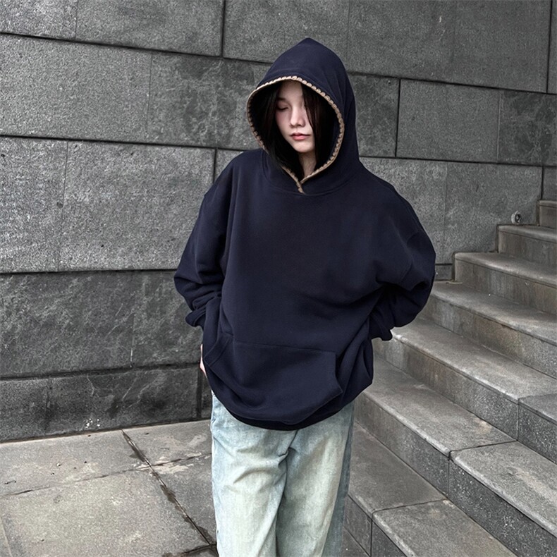 抖音得物高品质二开25秋冬美式重磅宽松纯色连帽贝壳刺绣卫衣W63,男装卫衣,电商A486-1