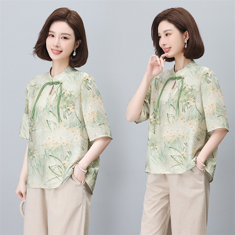 2024年夏季复古花色文艺盘口时尚休闲小衫,女装蕾丝衫/雪纺衫,依恋蒂丝