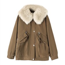 棉衣/棉服2021新款冬仿羊羔毛中长款工装棉服女海军领派克服配毛领，女装派克服，瑶迪依秀