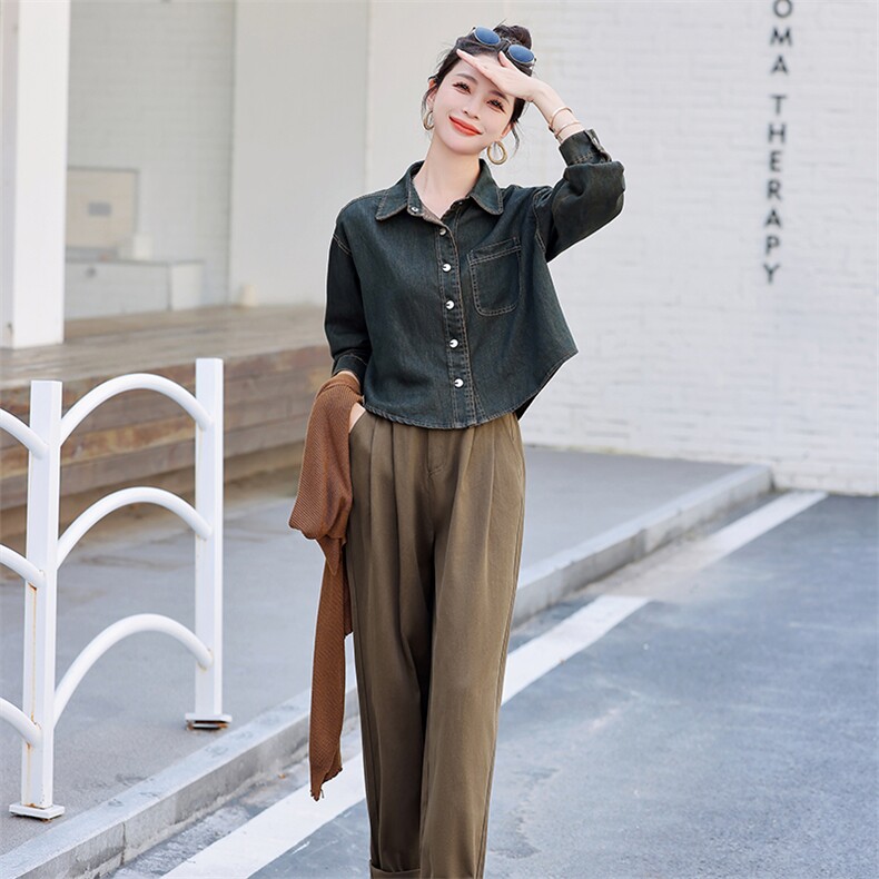 披肩牛仔衬衫阔腿裤套装女春秋洋气时尚2023新款气质女神范三件套,女装套装/套裙,凯瑟曼