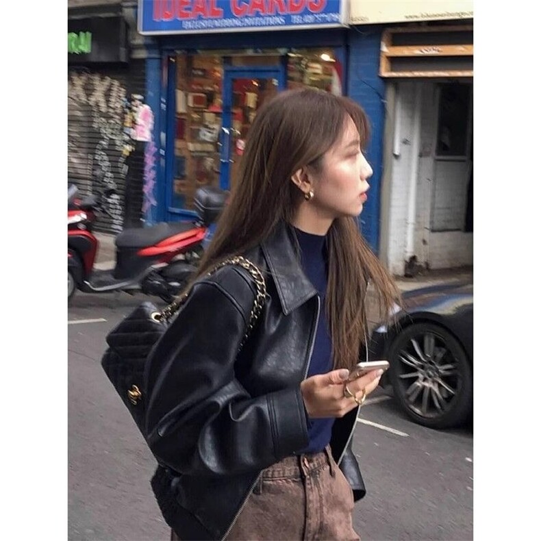 短款黑色皮衣外套女2025年春秋新款酷飒风小个子机车气质复古,男装皮衣,星座506A