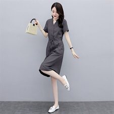 复古棉麻抽绳连衣裙，女装连衣裙，希欧阁