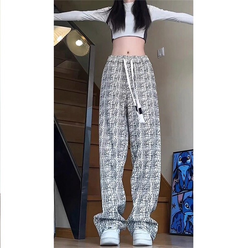 黑白格子小香风裤子男女秋季美式复古灯芯绒脏脏裤宽松大码阔腿裤,男装休闲裤,星座506A