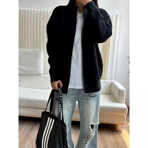 立领拉链毛衣外套开衫男秋季设计感纯色修身美式复古针织衫潮牌