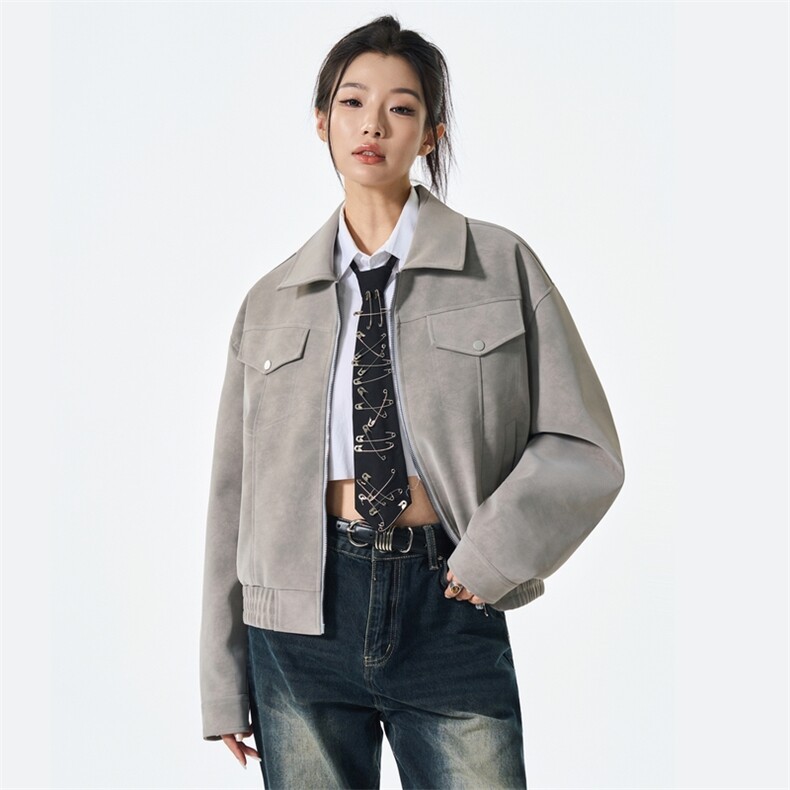 男女潮牌泡泡袖扎染防水皮夹克休闲外套皮衣A406 JK5623 P90图片