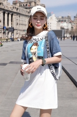 连衣裙2021年夏季时尚简约牛仔印花中袖中长款连帽，女装连衣裙，钱塘布衣