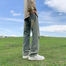 秋季美式高街复古做旧膝盖拉链牛仔裤男女炸街直筒长裤N0880-P43，男装牛仔裤，星座308B-2
