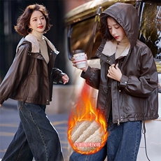 时尚潮流女装皮衣外套冬季必备加绒保暖修身显瘦连帽设计百搭休闲风，女装皮衣，缘衣格
