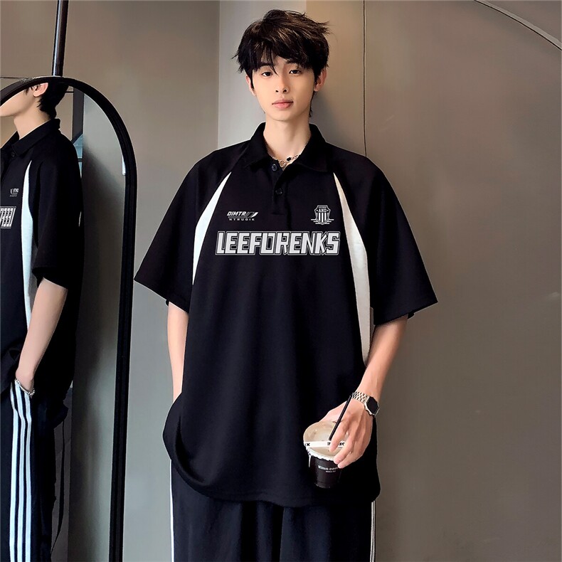 潮牌夏季运动拼色插肩袖重磅高克重休闲短袖POLO领T恤T93-P38,男装T恤,电商C307