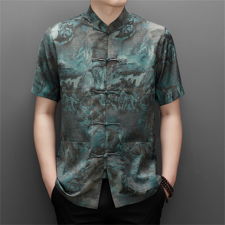 唐装男士中老年人夏装男装风衣服爷爷短袖汉服爸爸装上衣图片