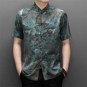 唐装男士中老年人夏装男装风衣服爷爷短袖汉服爸爸装上衣图片
