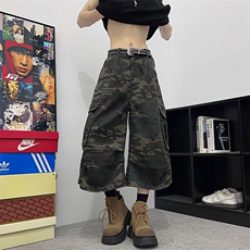 美式水洗多口袋迷彩牛仔七分裤男女夏季潮牌痞帅宽松短裤D021-P48，男装牛仔裤，星座308B-1