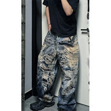街头3D数码打印水洗涂鸦破坏牛仔裤男女baggy宽松直筒休闲-N6088，男装牛仔裤，星座601-1