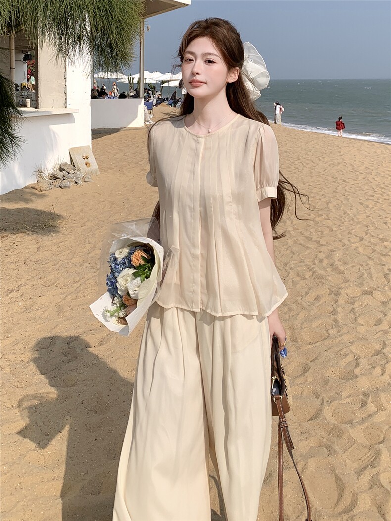 温柔风短袖上衣阔腿裤套装女夏新款松弛感宽松显瘦两件套,女装套装/套裙,衣秀之家