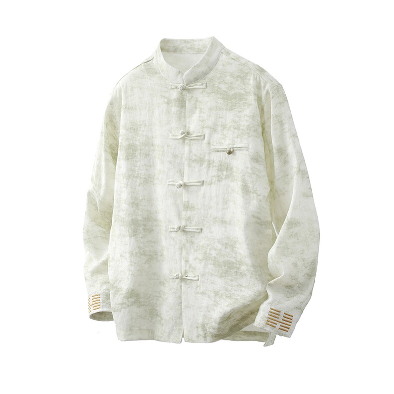 风亚麻盘扣立领长袖衬衫铜扣刺绣古装衬衣男A087-1-YM671-P95，男装衬衫，电商A087-1