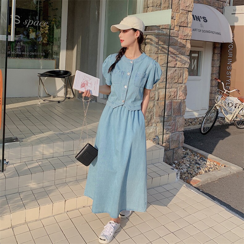 新款现货主推泡泡袖牛仔休闲两件套裙212A-605-P135-K188,女装套装/套裙,浙宝212A