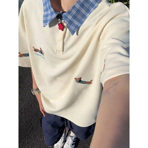 腊肠小狗假两件polo衫男款夏季衬衫领t恤学院风五分袖 TZ105图片