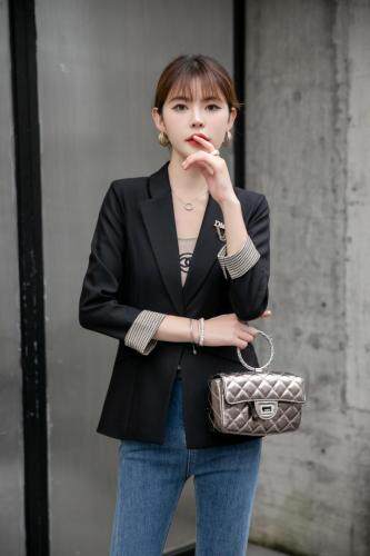 【新款现货】秋季拼格黑色气质小西装，女装西装，水锦红