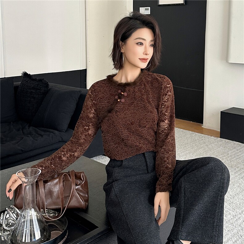 2025冬装心里蕾丝水貂毛圆领蕾丝上衣新中式盘扣小衫,女装蕾丝衫/雪纺衫,2C091