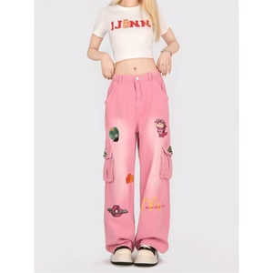 趣味卡通刺绣工装牛仔裤女春秋甜妹穿搭宽松显瘦拖地阔腿直筒长裤