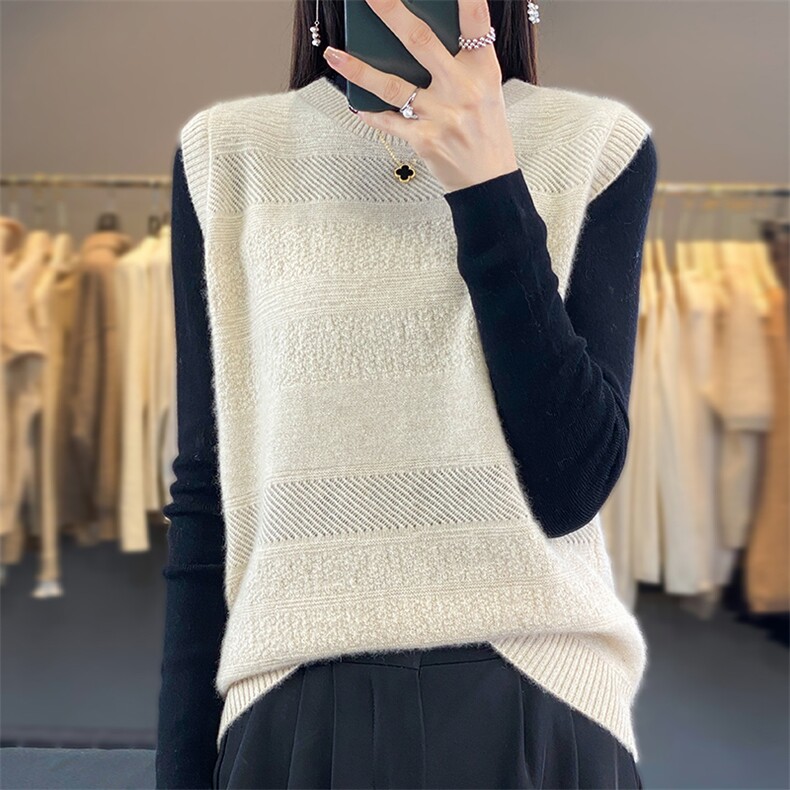 圆领套头休闲马甲女秋冬叠穿无袖针织坎肩简约外套宽松背心毛衣新,女装马甲,邦太羊绒