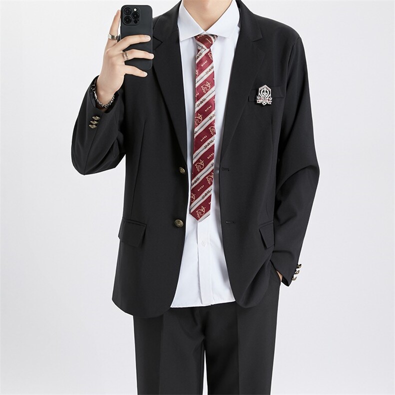 dk日系俩粒扣黑色西服外套男生秋季少年感长款西装西裤套装,男装西服套装,星座506A